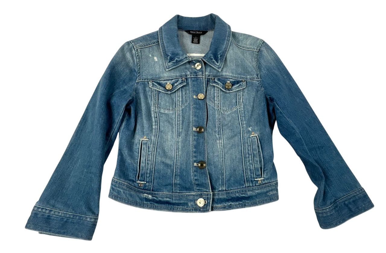 White House Black Market Blue Boho Vintage Festival Denim Jacket. Women's Size 2