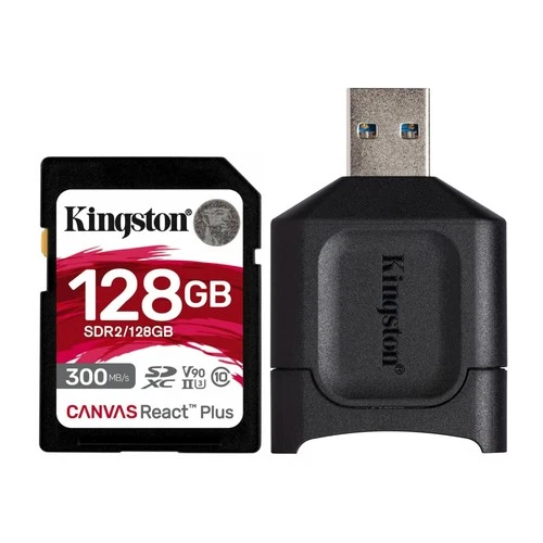 Kingston Canvas React Plus 128GB U3 V90 SDXC UHS II SD Card and Card Reader