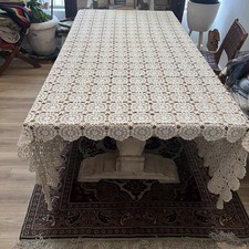 Handmade Tablecloth Crochet Beige Lace Floral 8ft x 8ft Cottage Victorian