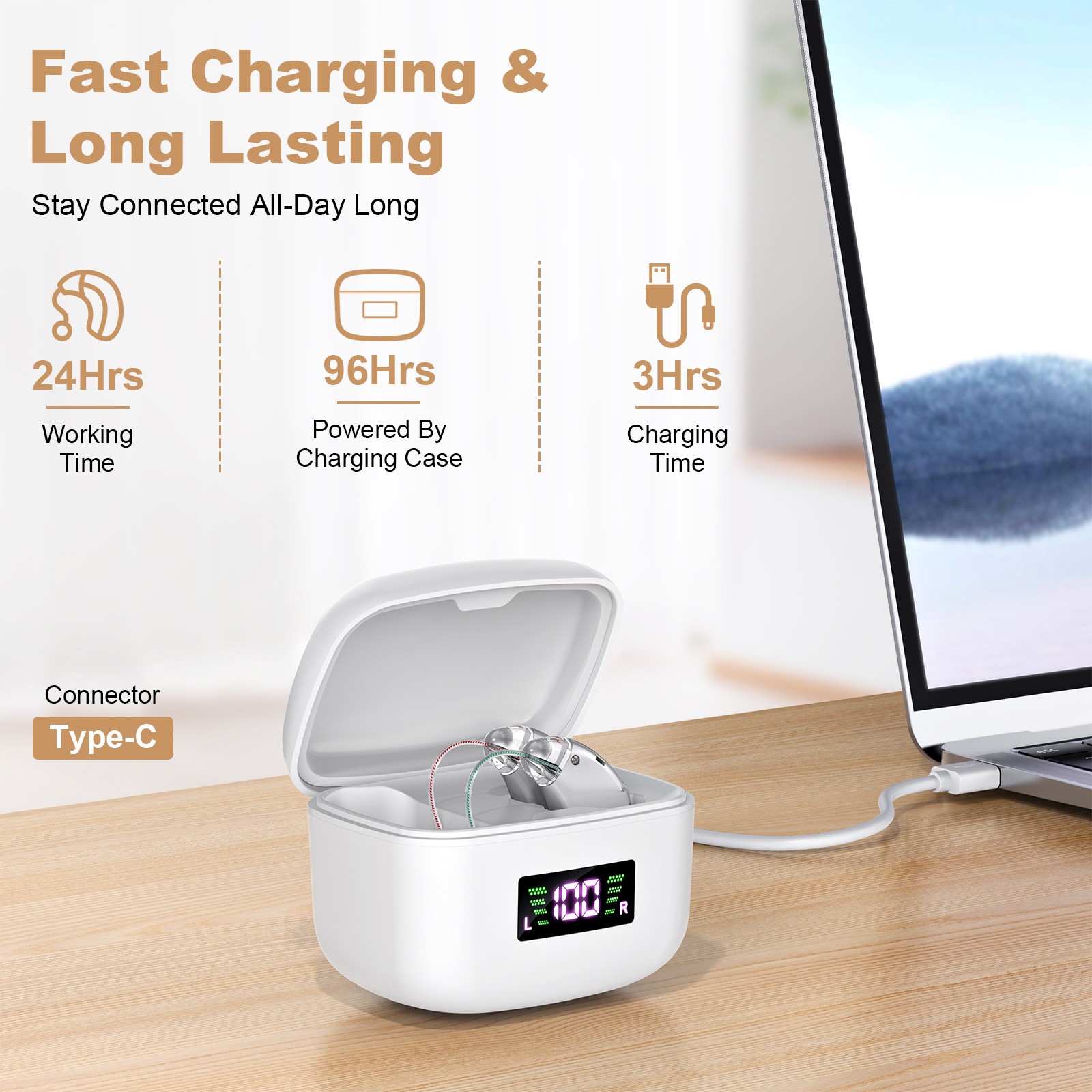 Severe Hearing Loss BTE Digital Rechargeable Hearing Aid Portable Charging Case