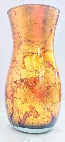 Murano Style Hand Blown Gold Brown Art Glass Vase Marbled Design 10.25”