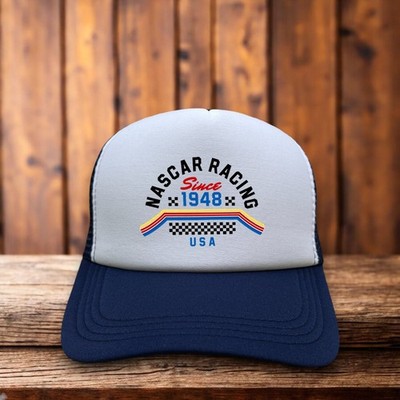Nascar Motorsport Mens Trucker Hat Navy 1948 Drag Racing Vintage Retro Logo Cap