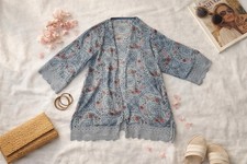 Boho Floral Kimono Cardigan Cottagecore Prairie Festival Sheer Lace Trim Duster