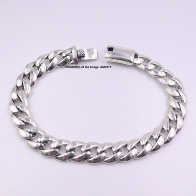Real S925 Sterling Silver Women Men's Bracelet 10.5mm Curb Link Chain 8.26inch
