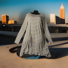 Old Navy Dress Women L Large White Striped Shift Short Long Sleeve Rayon Casual