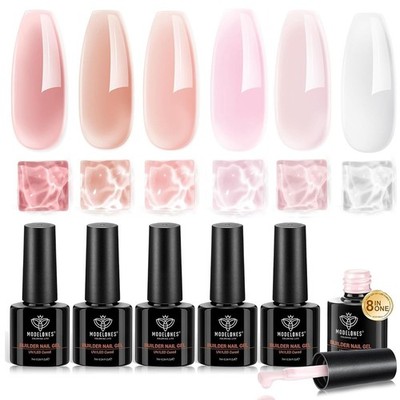 modelones Builder Nail Gel Polish Set 6 Colors, 8-in-1 Jelly Nude Pink LED Cured