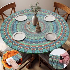 Waterproof Boho Vinyl Round Tablecloth Fitted Table Cloth Summer Fall Outdoor Ci