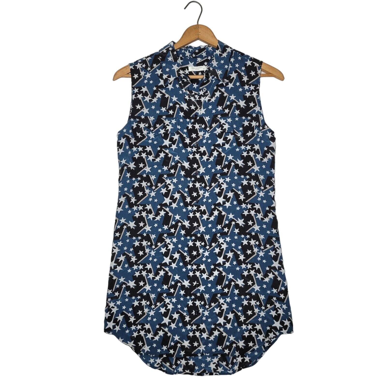 Equipment Femme Womens S Silk Navy Blue Stars Print Shift Shirt Dress Button Up