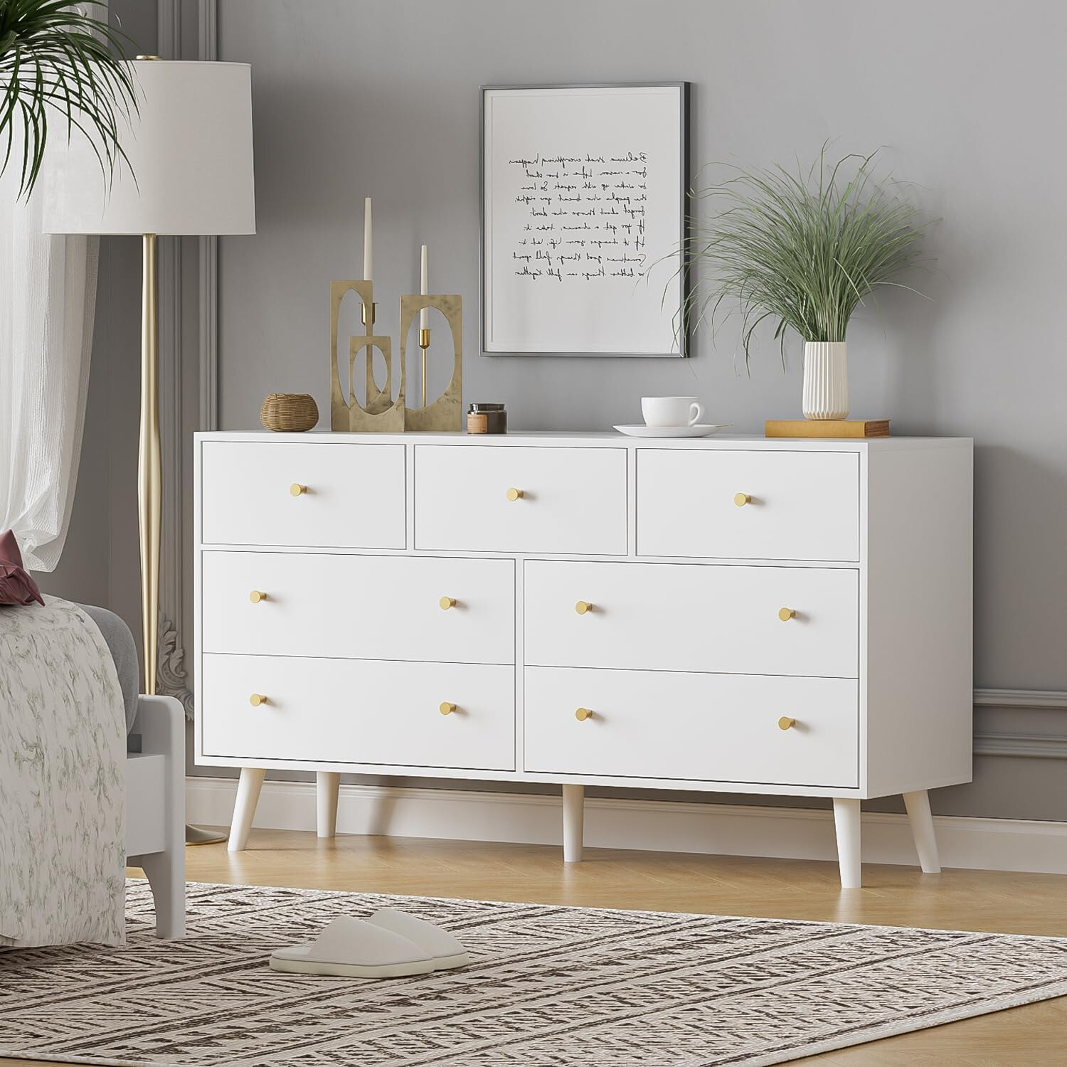 7 Drawers Dresser for Bedroom, 55'' Dressers & Chests of Drawers with Gold Handl