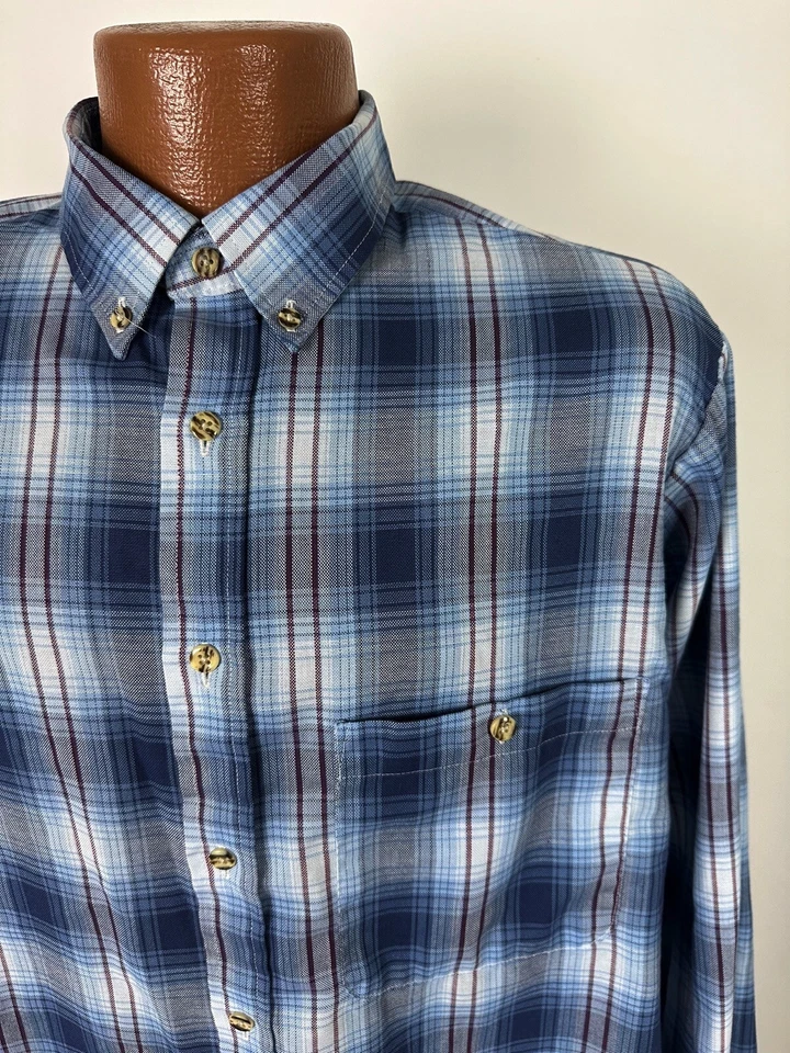 90s Oakton Limited Oxford Shirt Men Large TALL Blue Plaid Long Sleeve Button USA - Image 3 of 4
