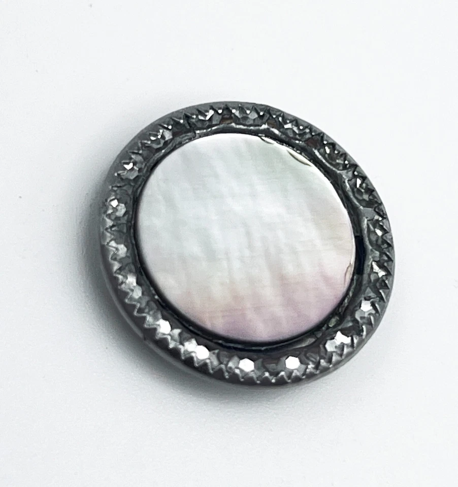 Vintage Mother of Pearl Metal Button Faceted Silver Trim 15/16-in Shank, Large - Image 2 of 4