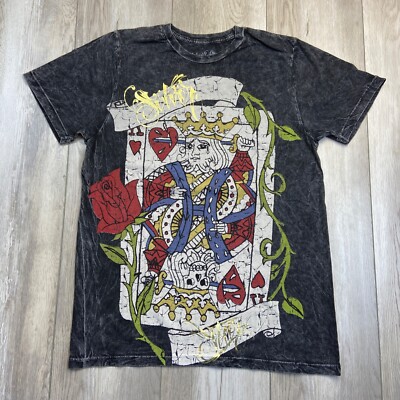Silver Star Shirt Mens Small Gray White King of Hearts Roses Loose Acid Wash Men