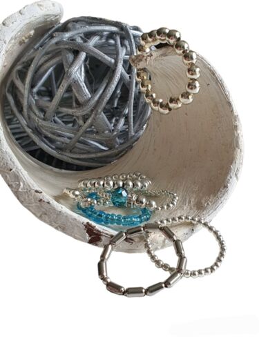 Boho Stacking Stretch Rings Glass Beaded Summer Silver Turquoise Blue Set of 7 - Picture 4 of 5