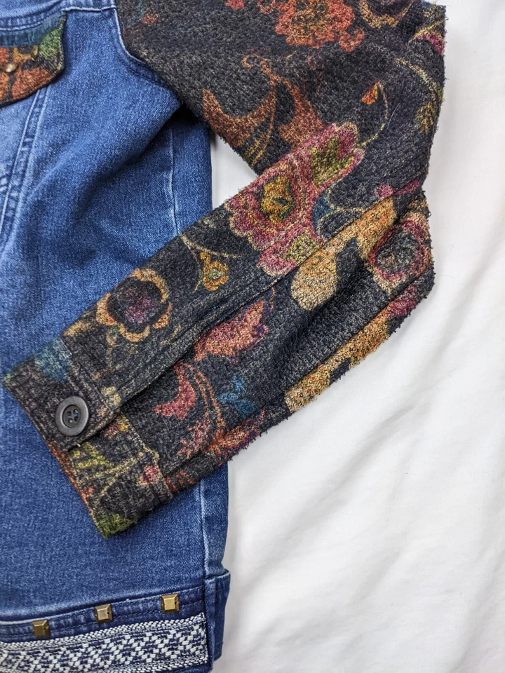 New Diretion Mujer S Chaqueta Jean Denim Embellecida Flor Estrás Nativa Foto 2 de 4