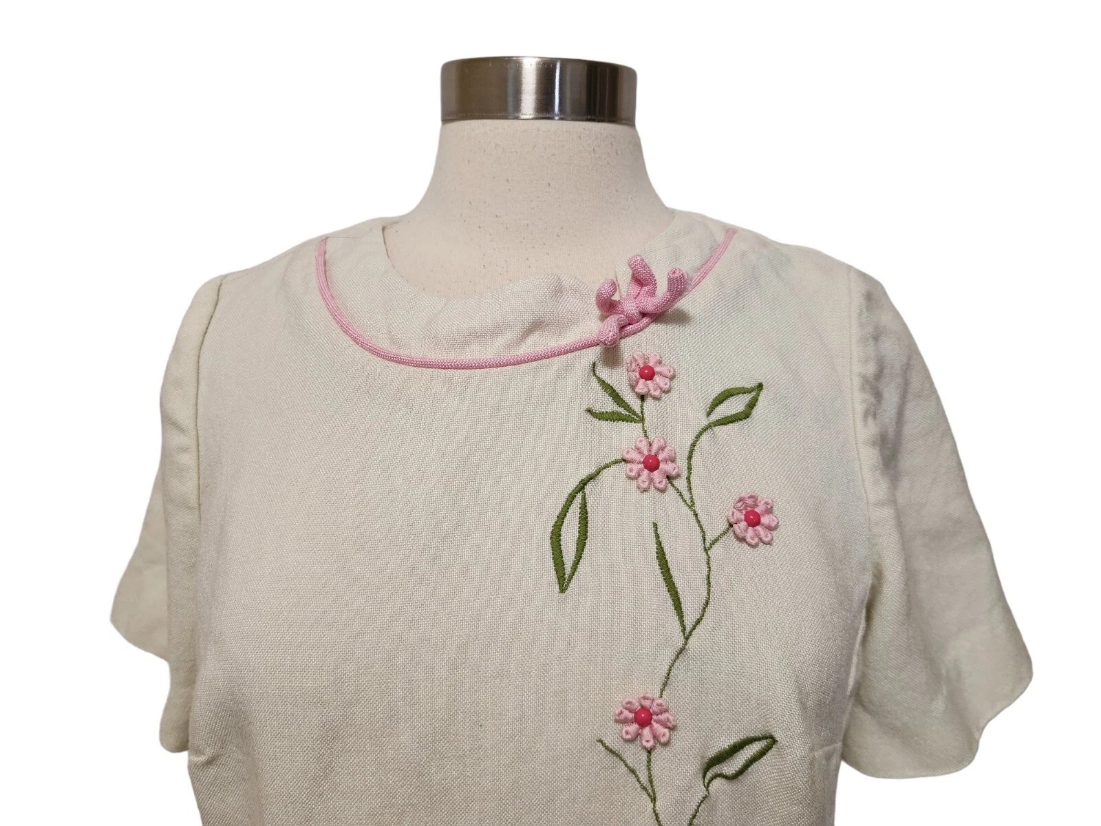 OFF WHITE Abito donna vintage anni 50 60 tubino ricamato fiori bianco sporco