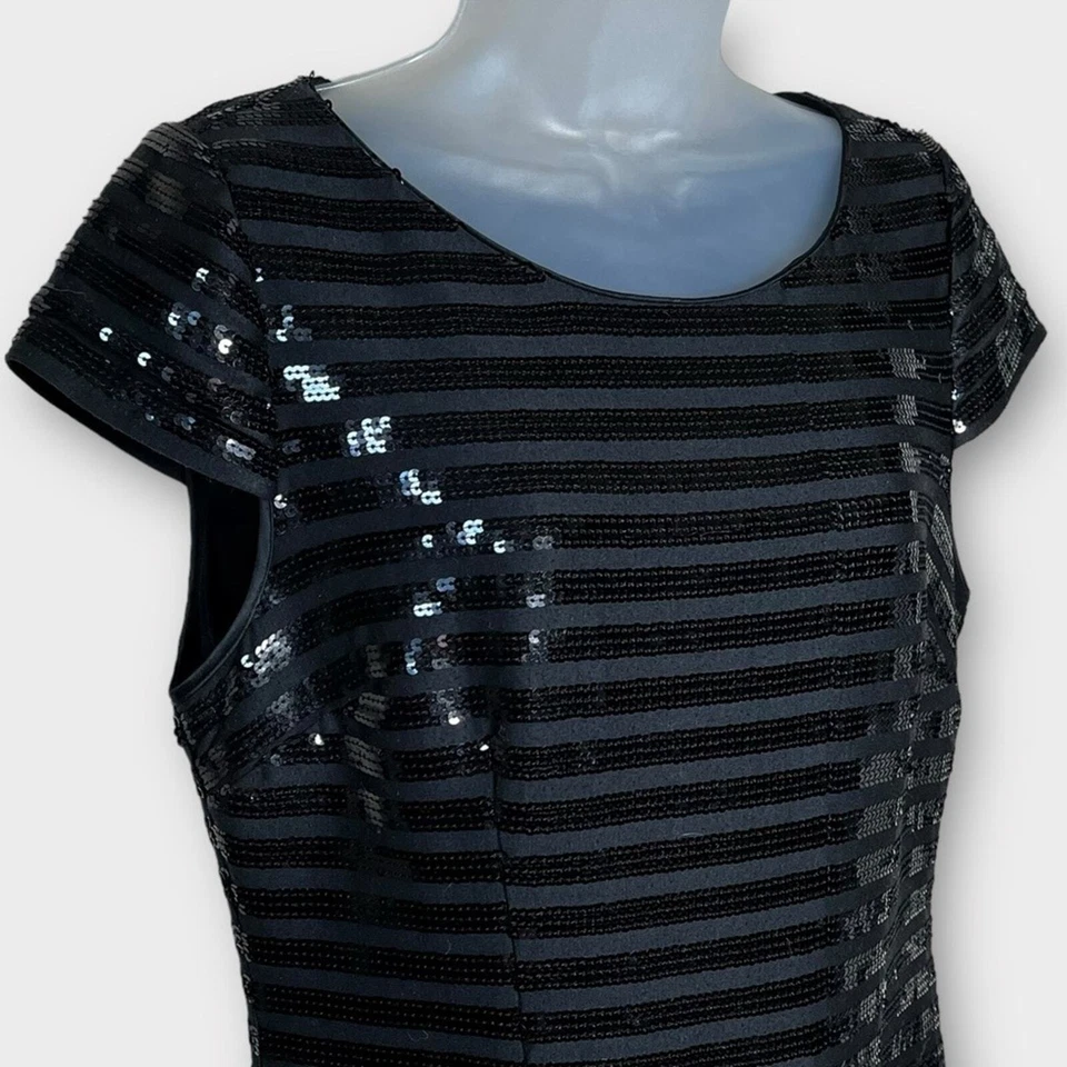 ALI RO Vestido Negro Lentejuelas Rayas Manga Gorra Cóctel Fiesta Talla 10 Foto 2 de 4