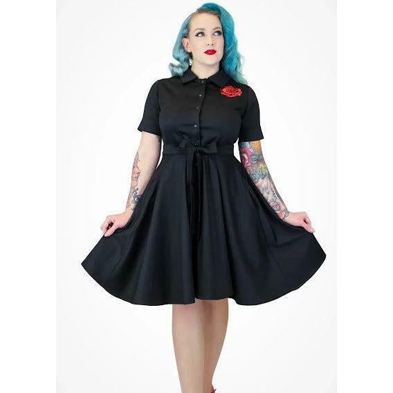 Hemet Embroidered Red Rose Circle Dress in Black
