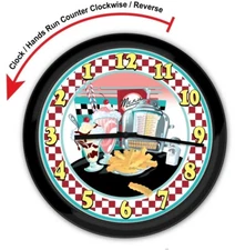 BACKWARDS REVERSE WALL CLOCK - Retro Diner 50s Kitchen - FUNNY NOVELTY RARE GIFT