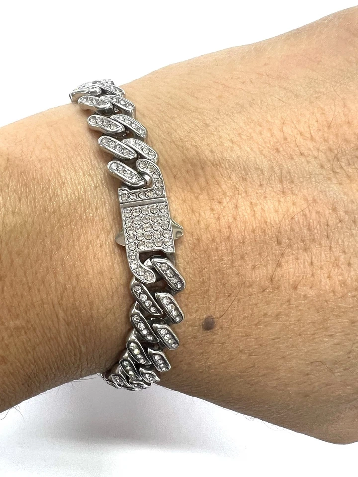 "Brazalete Miami Cuban Ice Cz acero inoxidable para hombre 8"" pulgadas 11 mm de ancho" Foto 3 de 4