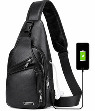 Men's Black Crossbody Sling Bag Chest Backpack with USB Charging Port