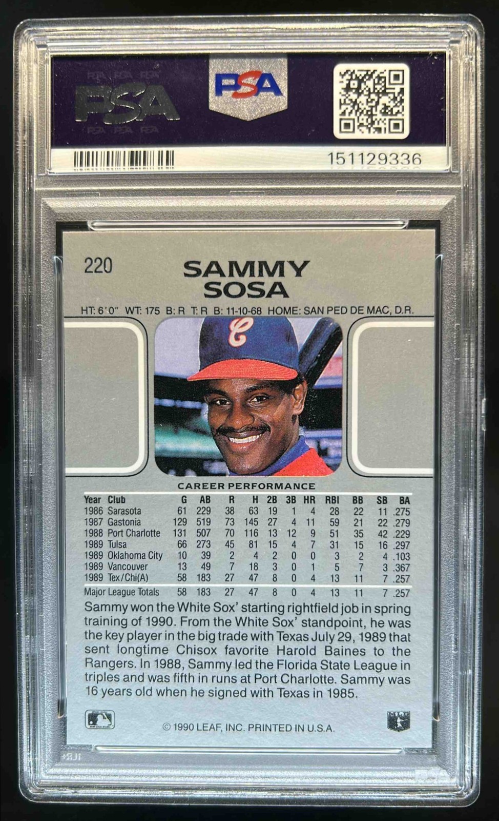 1990 Leaf Sammy Sosa RC #220 White Sox PSA 10 GEM MINT Rookie view 2