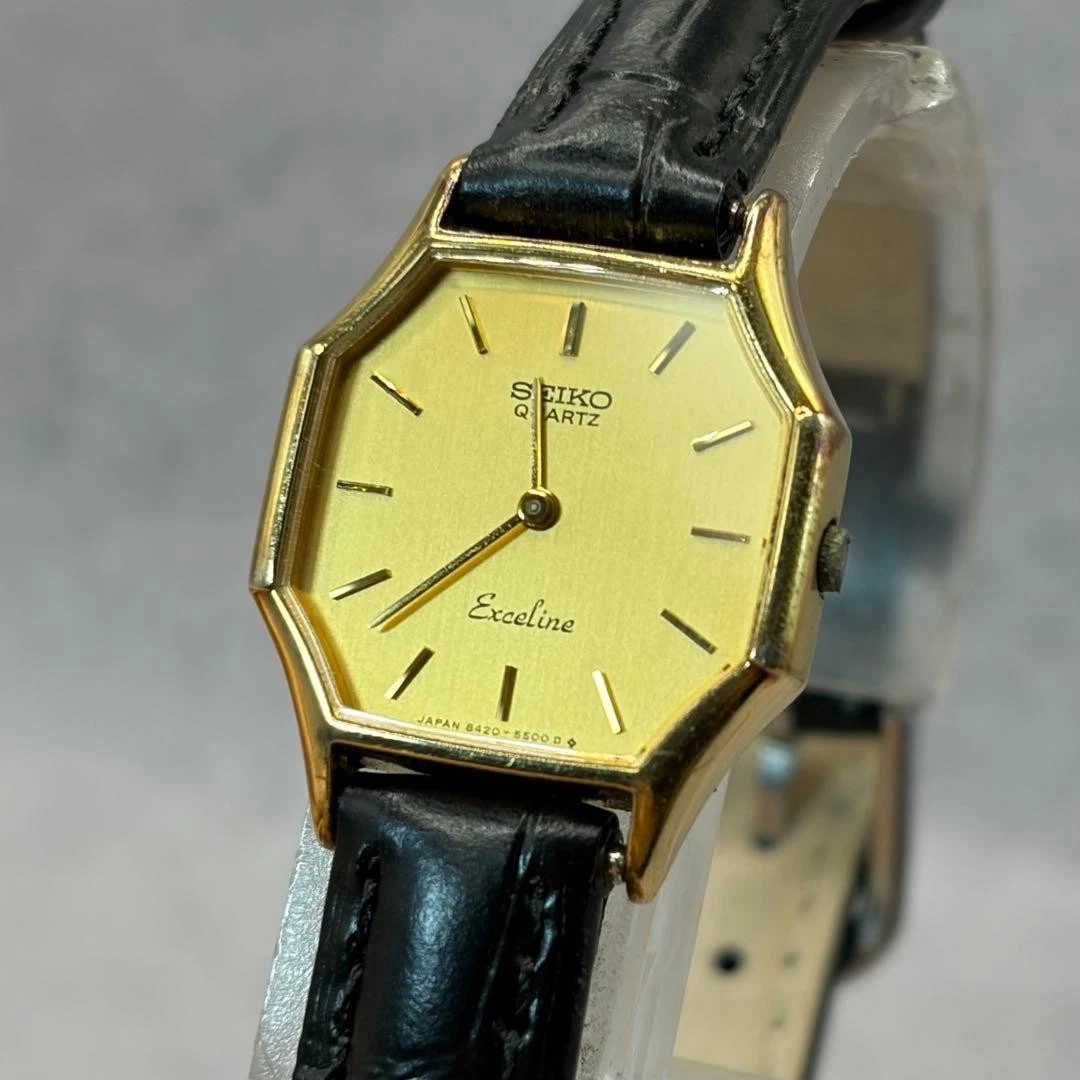 SEIKO Exceline Cuarzo Oro Caja Negro Banda Reloj Mujer Japón