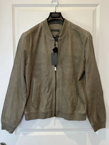 NWT $798 John Varvatos Jacket 54 L Men's Khai Suede Bomber Khaki Light Green image 2