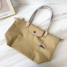Longchamp Khaki Large-Capacity Tote Bag with Blue Logo