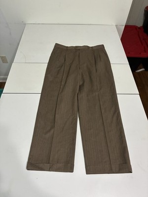 Zanella Bennett Pants 34x27 Brown Wool Herringbone Stripe Pleated Trousers Prep