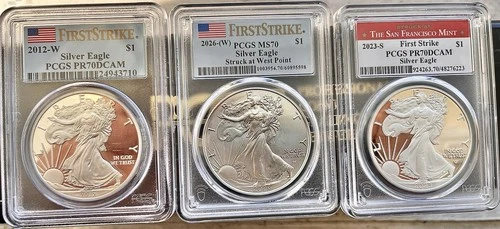 Lot Of 3 PCGS First Strike 1 Oz Fine Silver Eagle MS70 & PR70DCAM