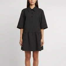 Ganni Black Pinstriped Synthetic Gathered Mini Dress XXL
