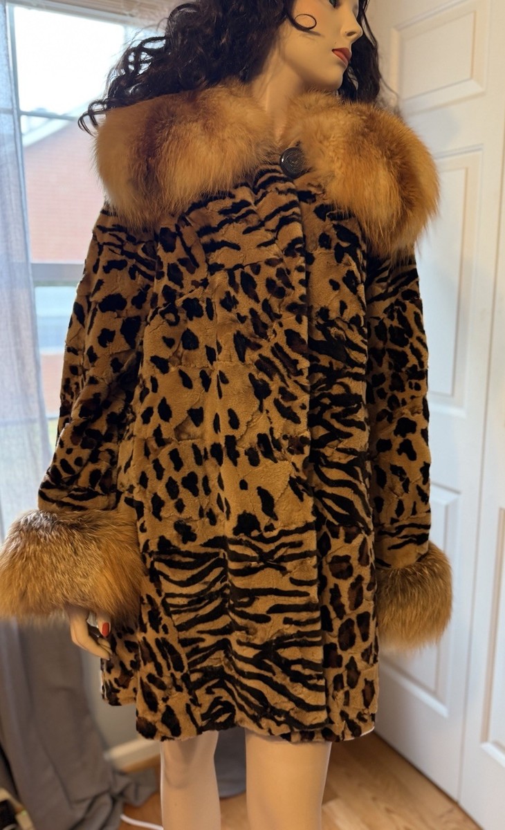 Birger Christensen Leopard Print Sheared Mink Fur Coat w/ Fox