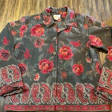 COLDWATER CREEK Jacket Size medium Olive Green Dark Red Flowers womens