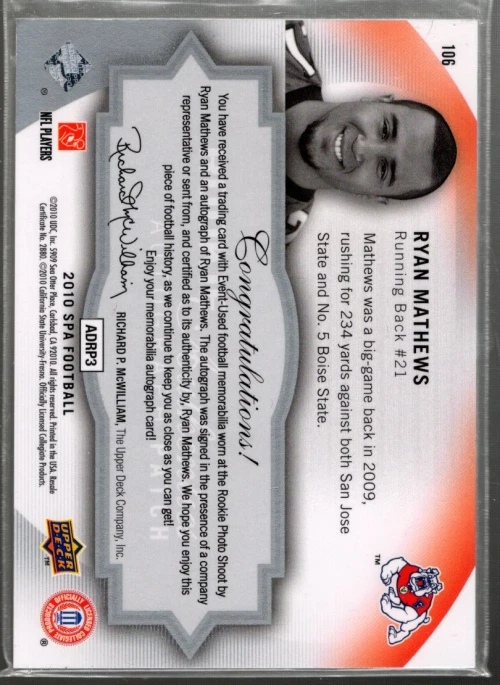 B2917- 2010 SP Authentic #106 Ryan Mathews RC Auto Jersey /299 SAMPLE PIC - Image 2 of 2