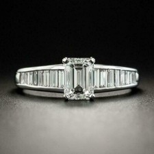 3CT Emerald Cut Lab Created Diamond Engagement Wedding Ring 14K White Gold Over