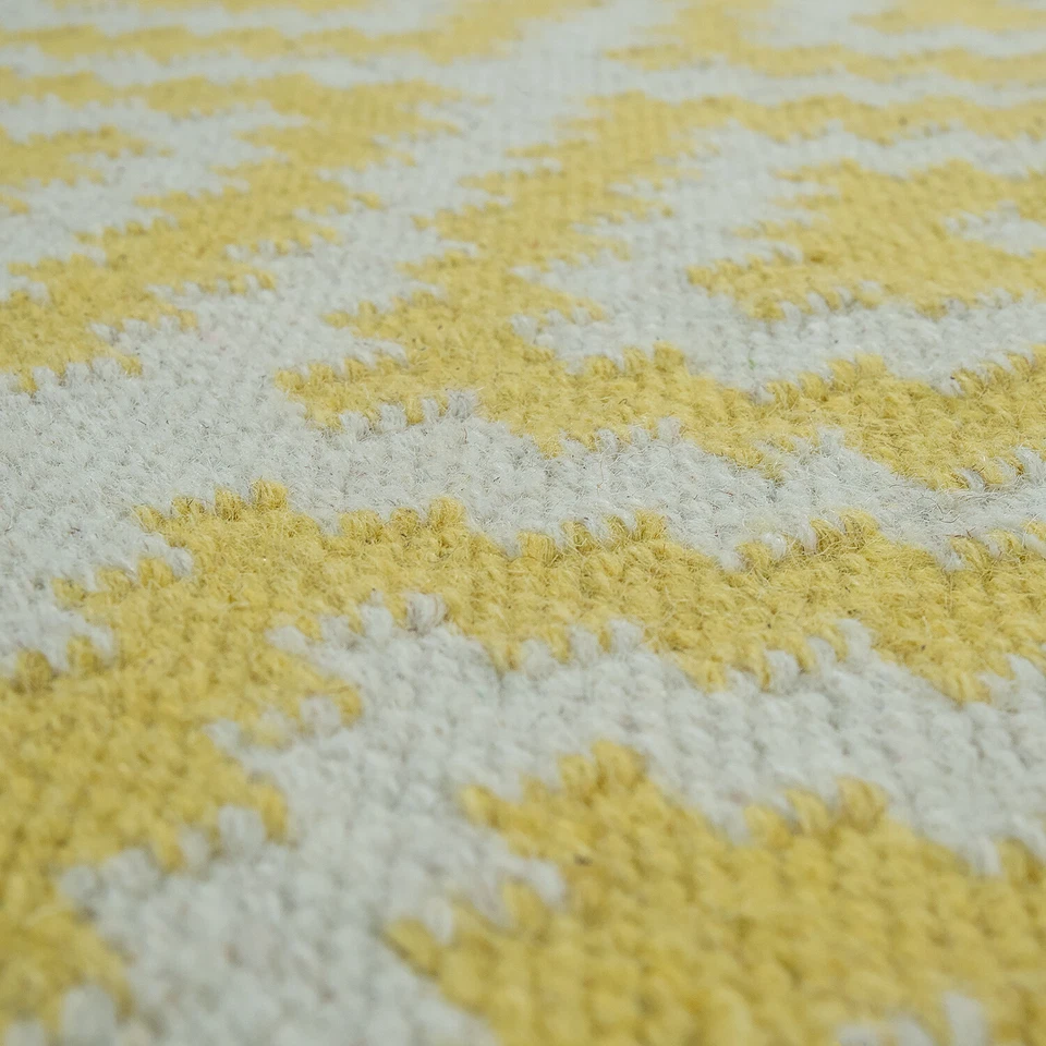 Tapis Tendance Tissé Main À Franges | Motif Marocain Moderne | Jaune Blanc - Photo 3/3