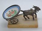 Vintage ornament of Metal Goat pulling a Cart with Porcelain Dish on Marble Base