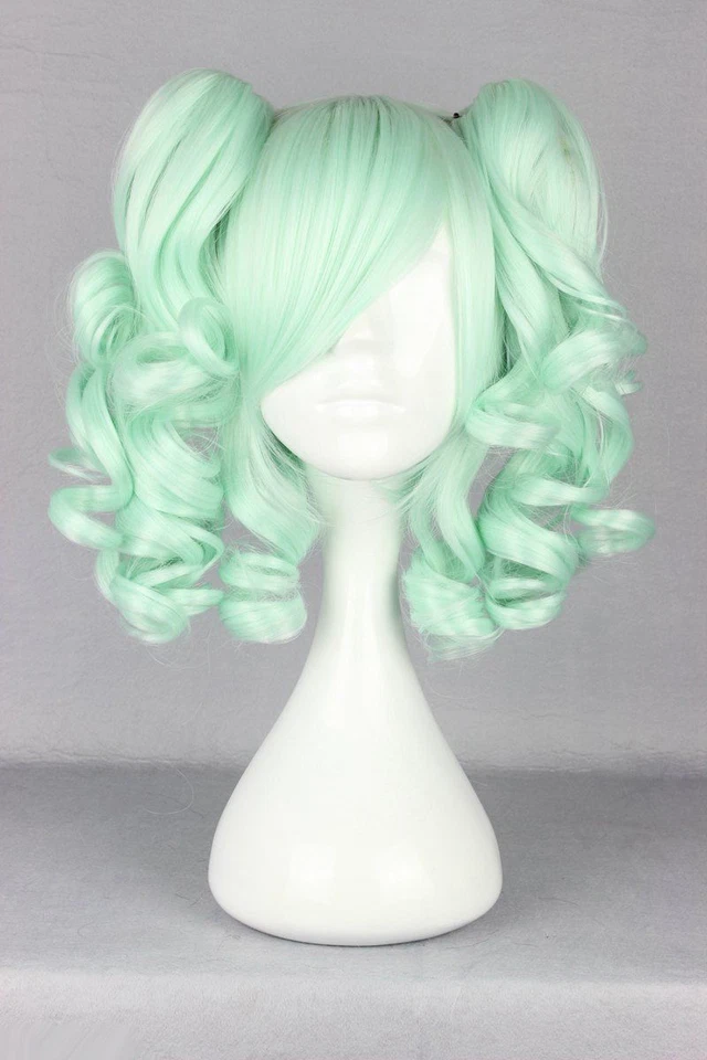 Peluca de pelo de anime cosplay cola de caballo mediana rizada verde hielo para mujer Foto 2 de 4