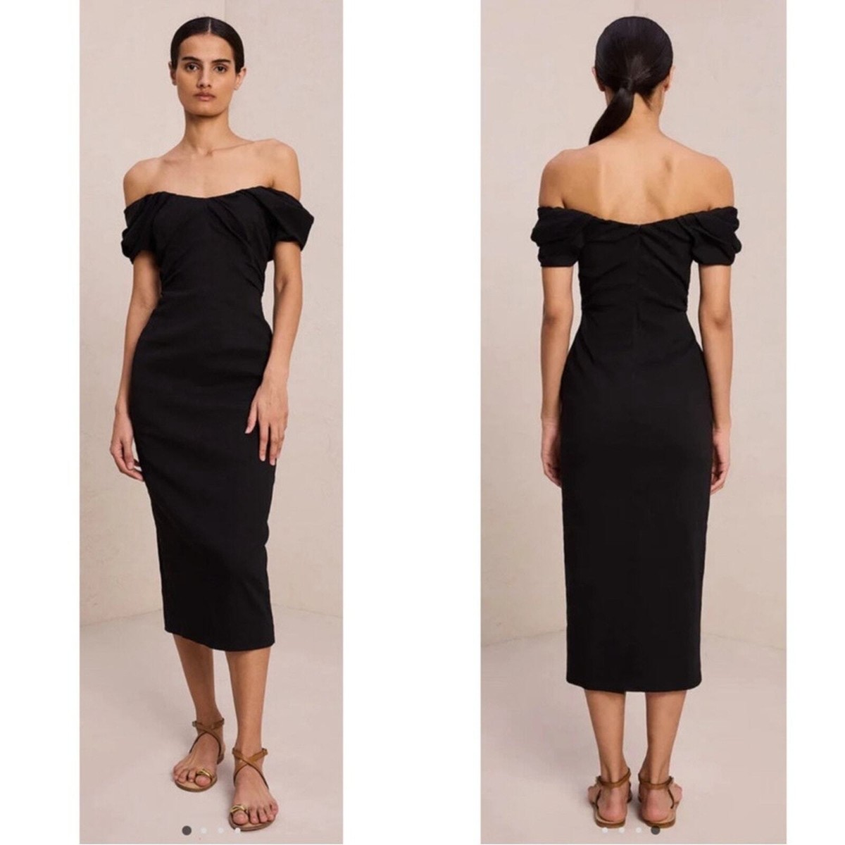 alc black dress A.L.C. Nora Ruched Off the Shoulder Midi Size 2 Sequin Prom Dresses Kilaqueen Long Sleeve Dress Size:size 8 a defined waist with