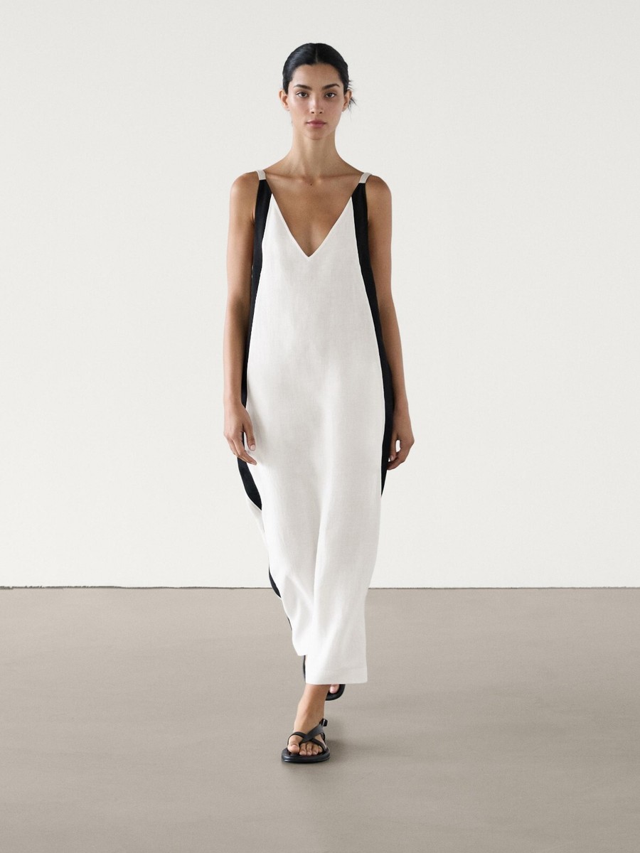 linen dress massimo dutti Stretch Linen Strap Midi Dress - Chocolate - 2 - Massimo Dutti