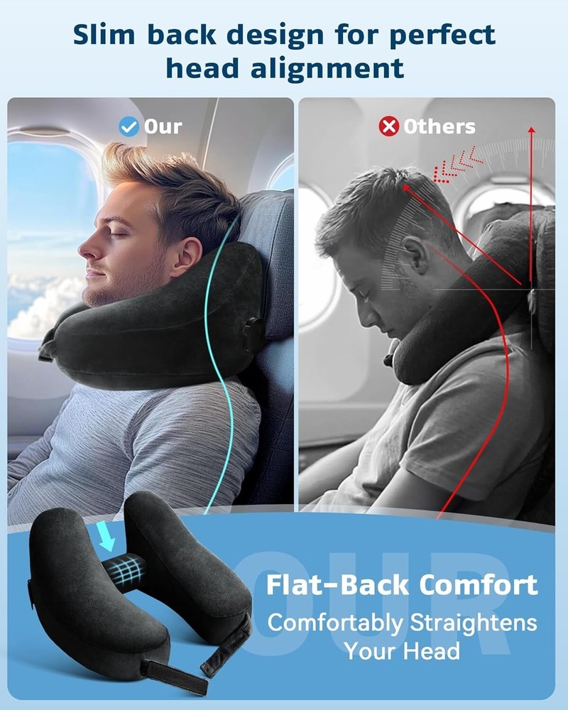 Inflatable Travel Neck Pillow with Soft Velvet Cover for Airplane and Car Trips