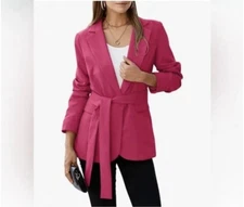 Happy Sailed Rose Pink Blazer Small Open Front Long Sleeve Belted Jacket NWT