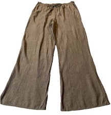 Zara Wide Leg Crinkly Pants Womens Sz L Dark Beige Drawstring Pockets Casual