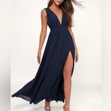 Lulu's Dress Heavenly Hues Elegant Navy Blue Sleeveless Maxi Slit Size Small