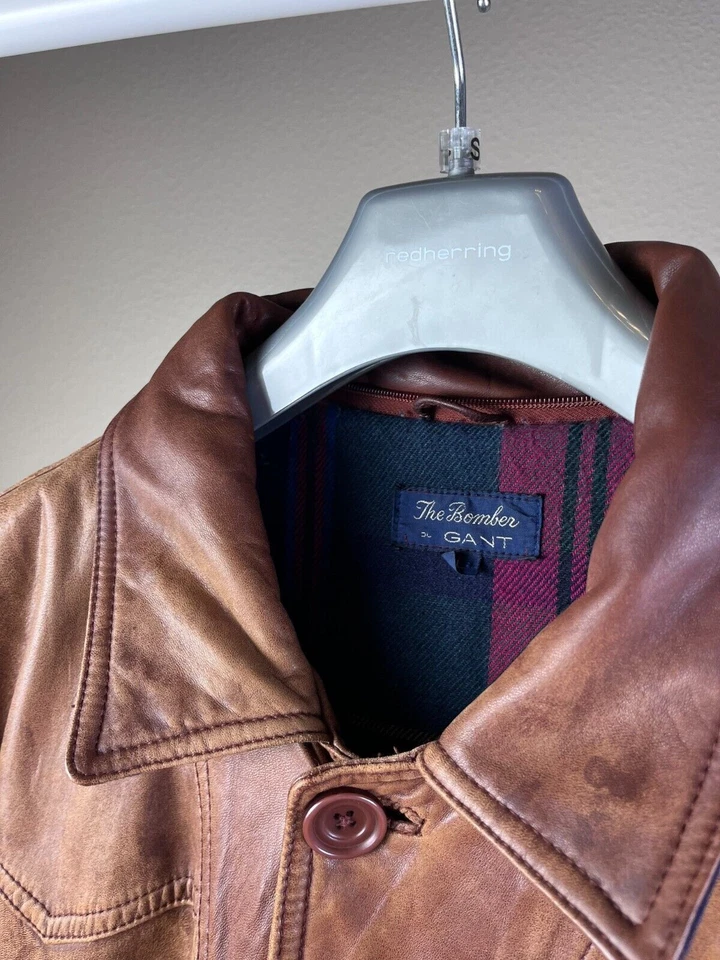 Vintage 90s GANT Leather Jacket Mens L Aviator Coat Y2K Preppy Retro Plaid Lined - Image 2 of 4