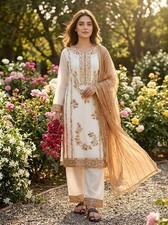 Designer Gmy Silk White Salwar Kameez With Brown Dupatta For Reception