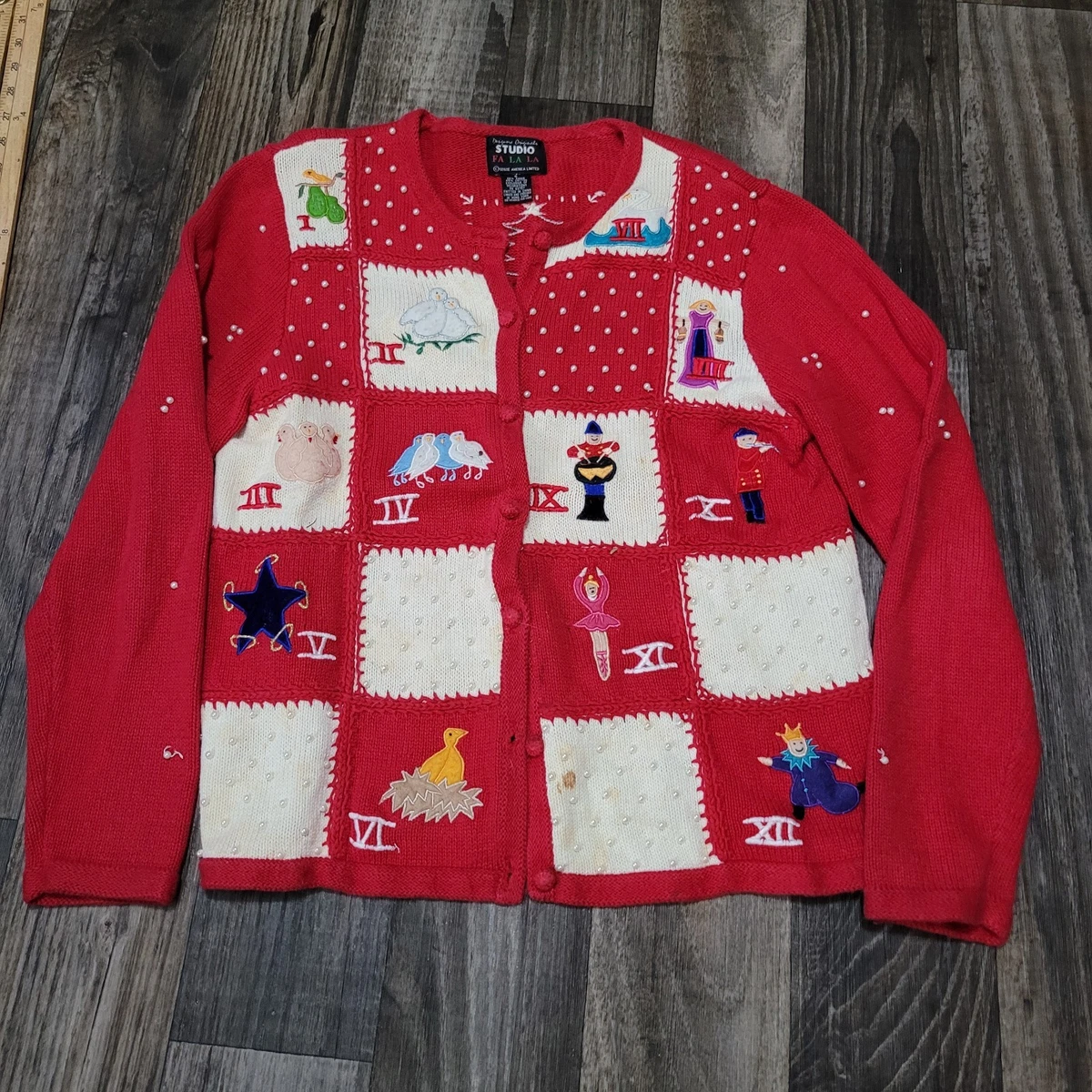 Pull Moche De Noël Studio Joy - Cardigan Noir à Motifs Et Ornements Dorés - Taille M