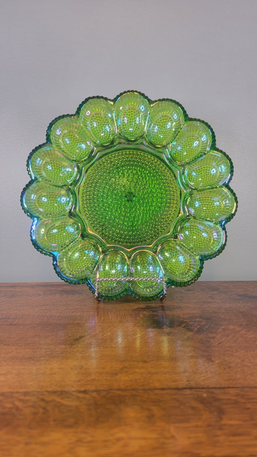 Indiana Glass Deviled Egg Plate Iridescent Green Carnival Glass Hobnail Pattern