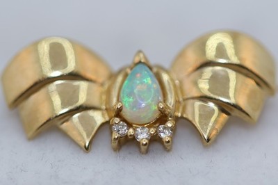 BASKIN BROTHERS 14K YELLOW GOLD AUSTRALIAN OPAL DIAMOND RIBBON BOW PIN BROOCH
