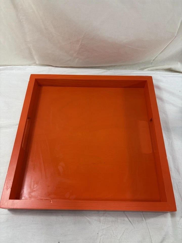 Crate & Barrel Orange Wooden Tray Square 16” Backyard Indoor Drink Holder - Image 3 of 4